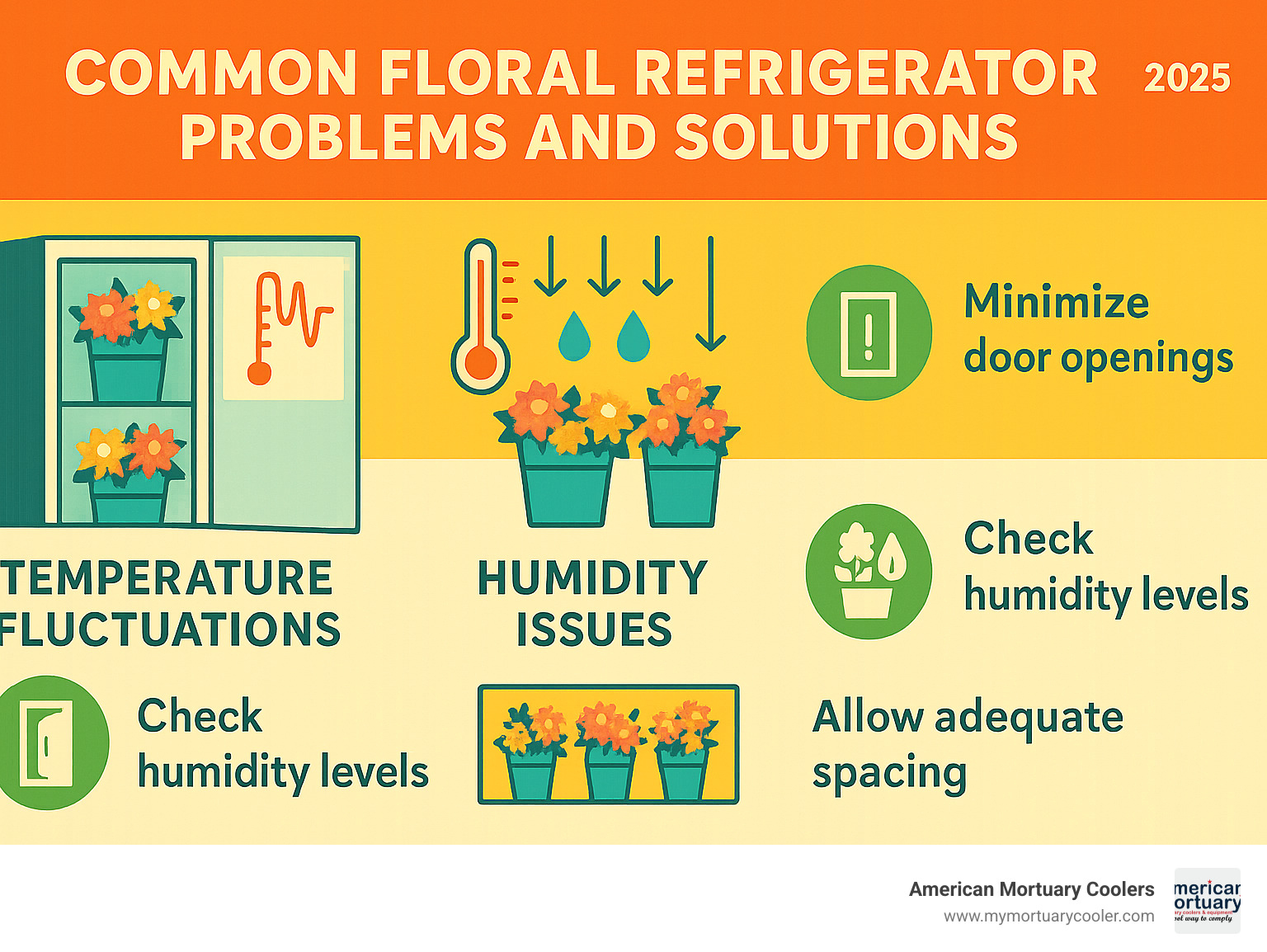Common floral refrigerator problems and solutions infographic showing temperature fluctuations, humidity issues, and proper flower storage techniques - floral refrigerator infographic 