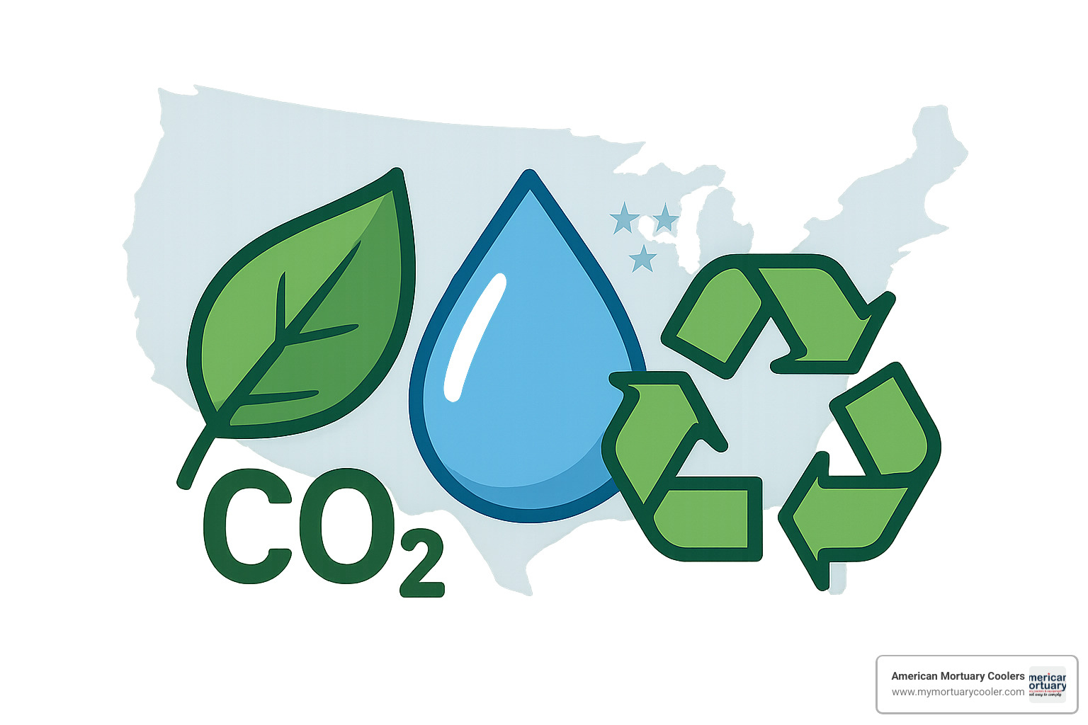 Eco-friendly icons showing green technology benefits including low CO2 emissions, water-based cooling, and recyclable components - evaporative portable air coolers