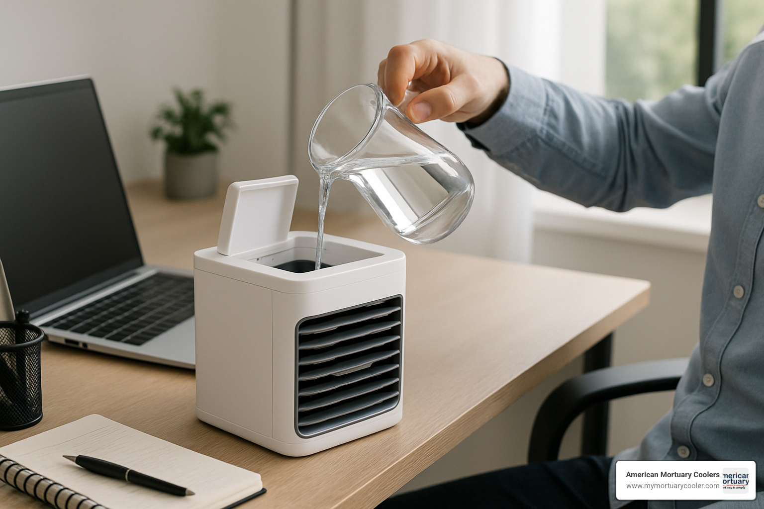 User filling water tank of portable evaporative cooler at a desk setup - evaporative portable air coolers