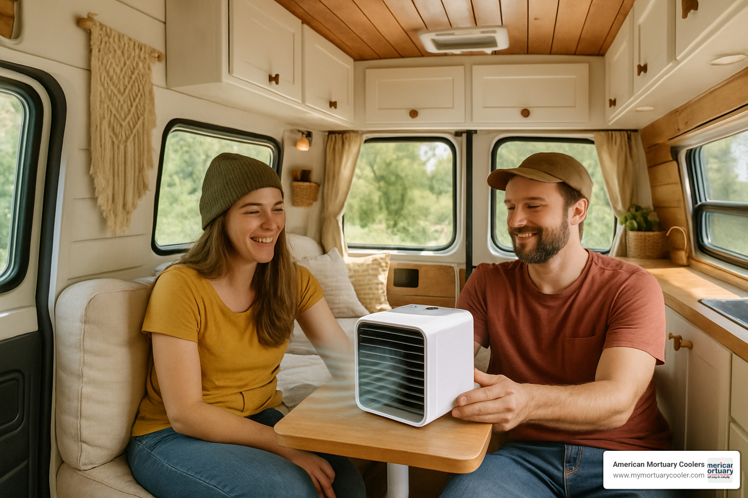 Van-life couple using portable evaporative cooler inside their converted van - evaporative portable air coolers