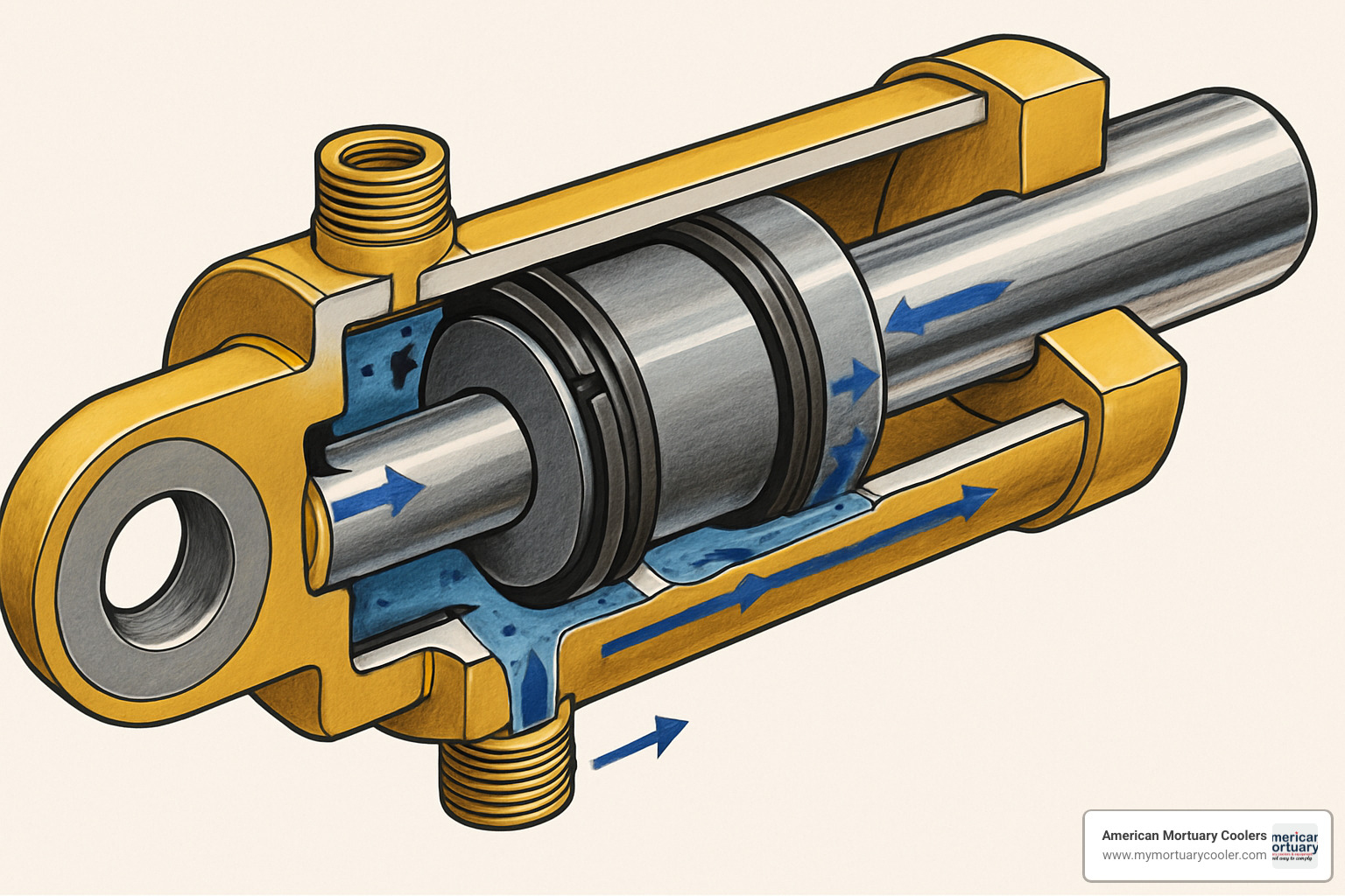 hydraulic cylinder cutaway showing internal piston and seals - hydralic lift