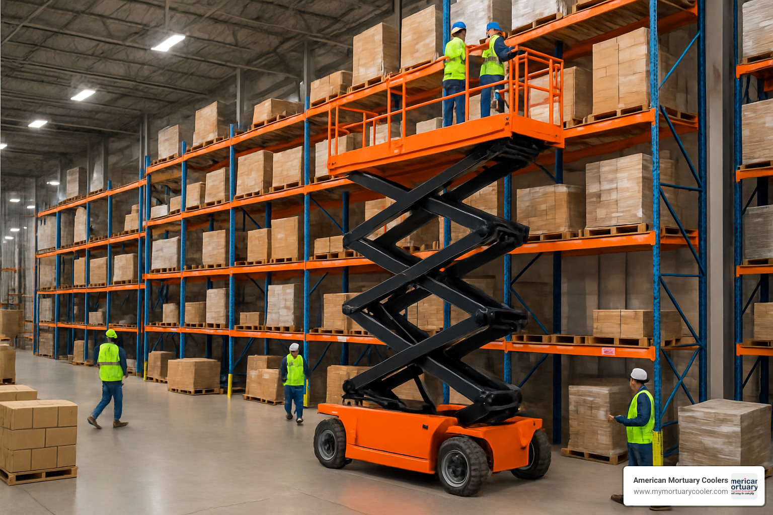 scissor lift operating in warehouse setting - hydralic lift