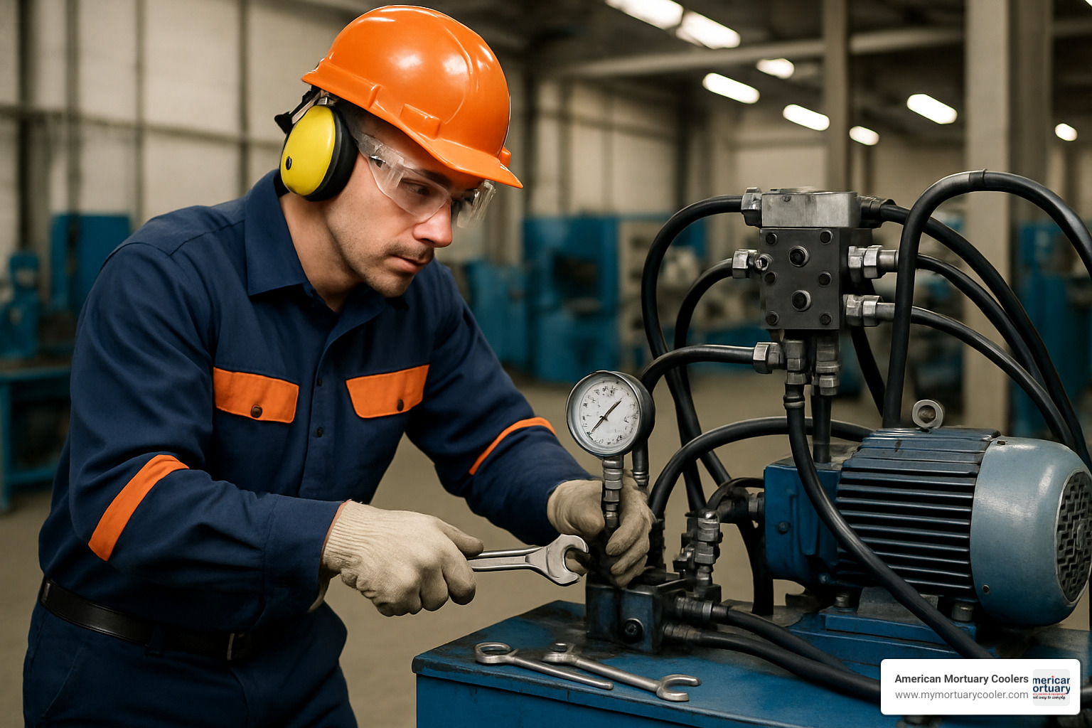 technician performing maintenance on hydraulic pump system - hydralic lift