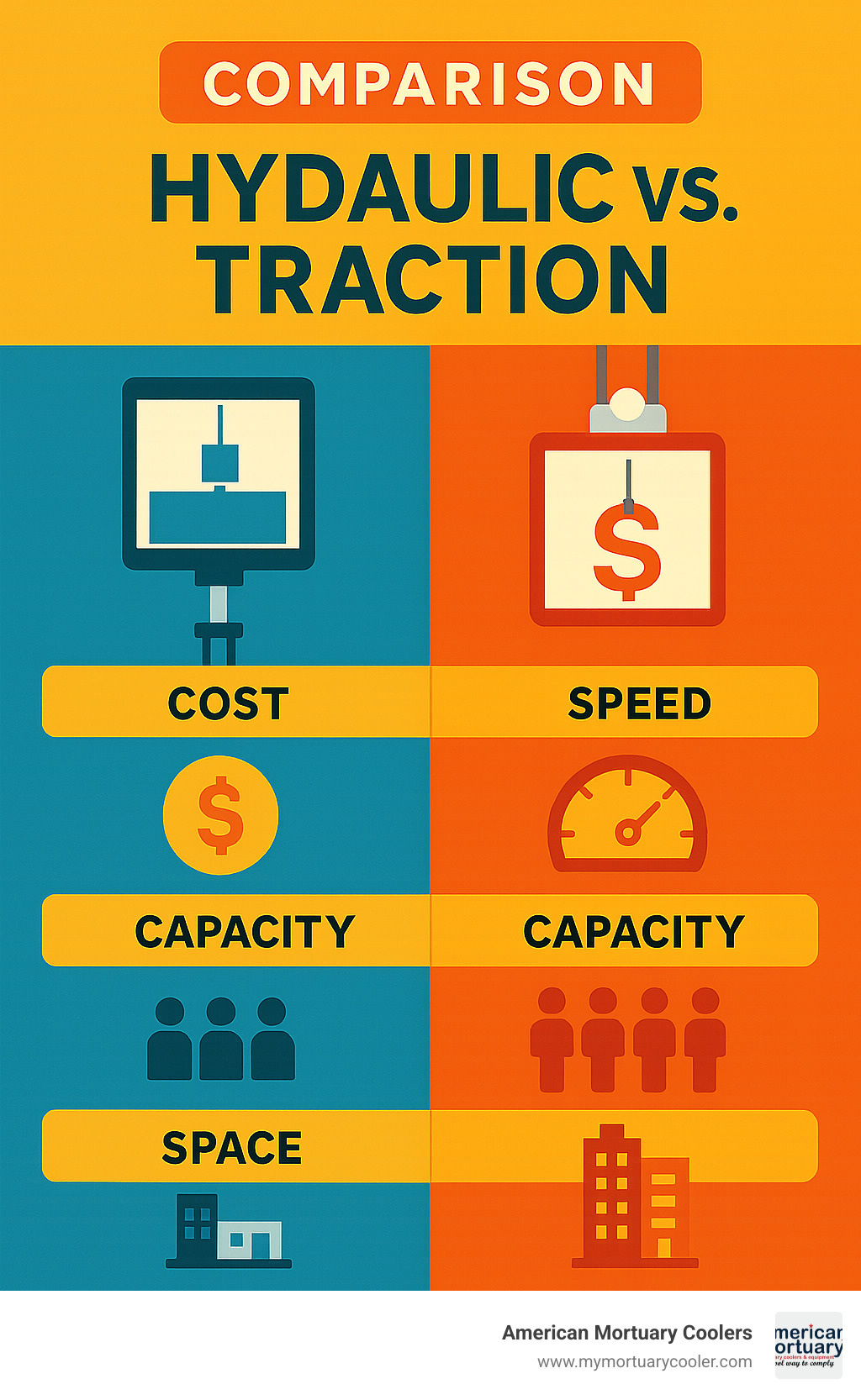 Comparison infographic showing hydraulic vs traction lift specifications including cost, speed, capacity, and space requirements - hydralic lift infographic 