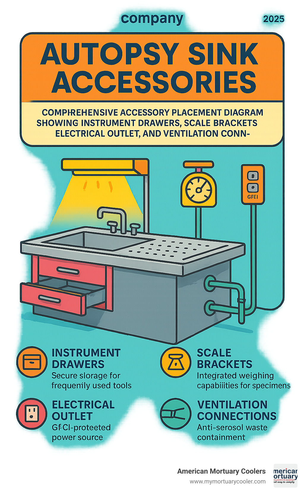Comprehensive accessory placement diagram showing instrument drawers, scale brackets, electrical outlets, and ventilation connections - autopsy sinks infographic 
