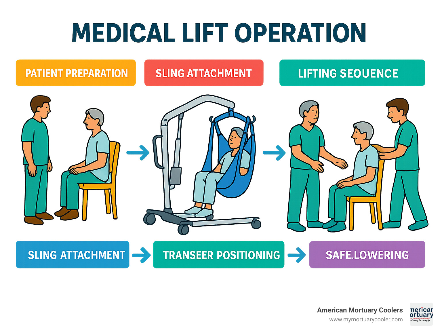 step-by-step medical lift operation workflow showing patient preparation, sling attachment, lifting sequence, transfer positioning, and safe lowering procedures - medical lift infographic 