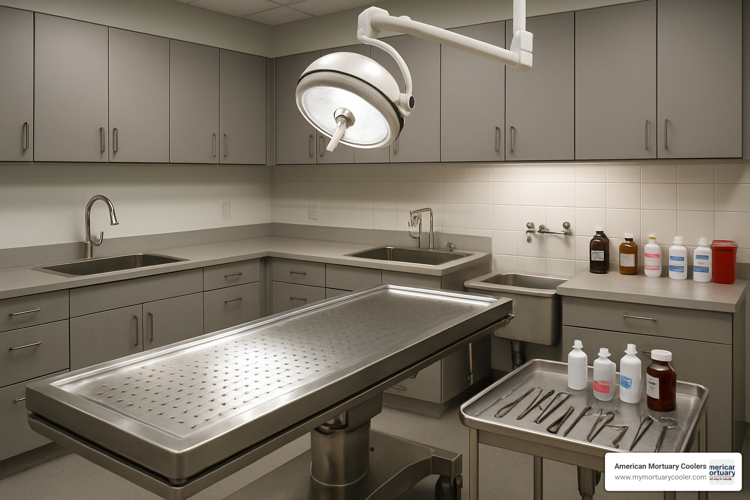 embalming preparation room with professional equipment - body-casket-