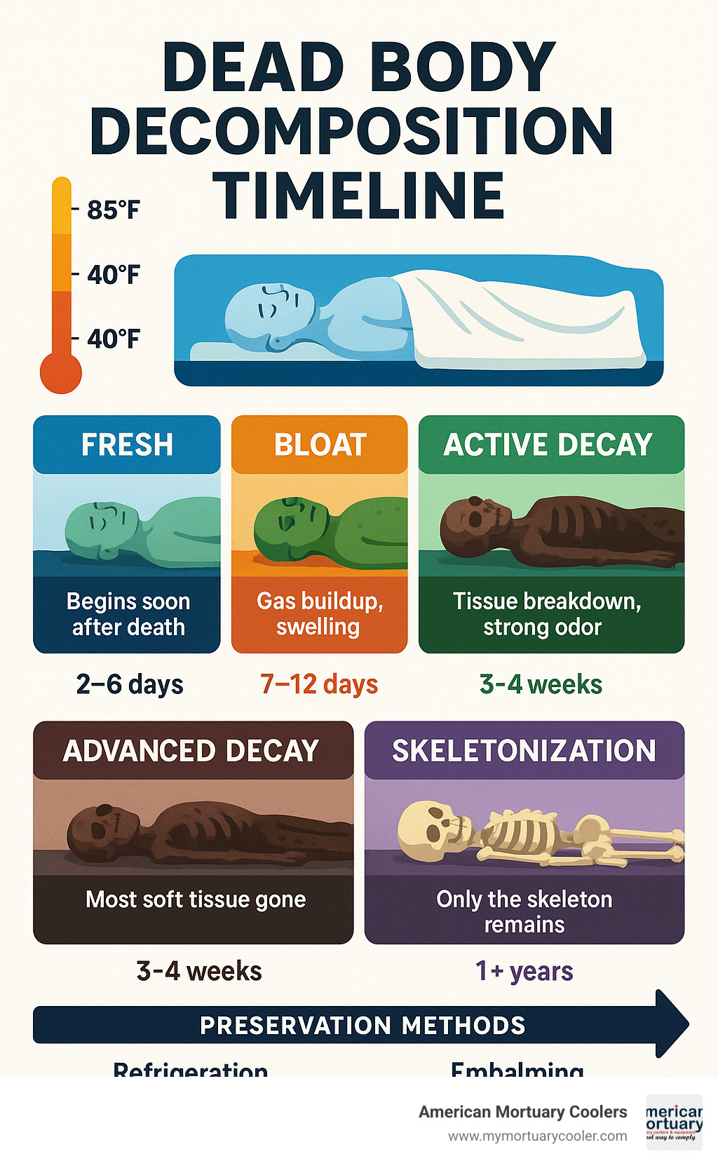 Comprehensive timeline showing dead body decomposition stages from fresh state through complete skeletonization, including temperature effects and preservation methods - dead body infographic 