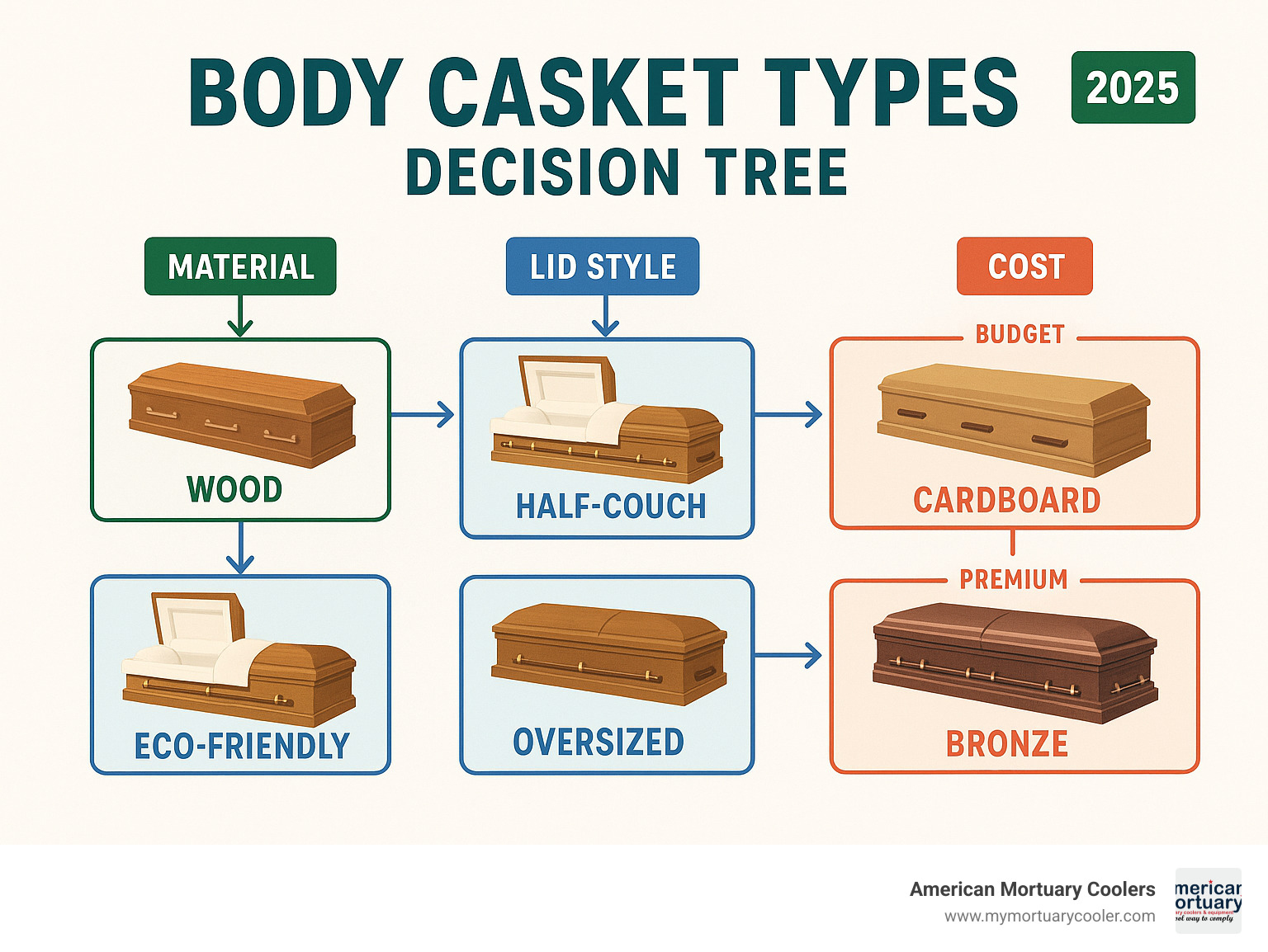 Comprehensive infographic showing the decision tree for selecting body casket types, including material options (wood, metal, eco-friendly), lid styles (half-couch vs full-couch), sizing considerations (standard vs oversized), and cost factors from budget-friendly cardboard to premium bronze options - body-casket- infographic 