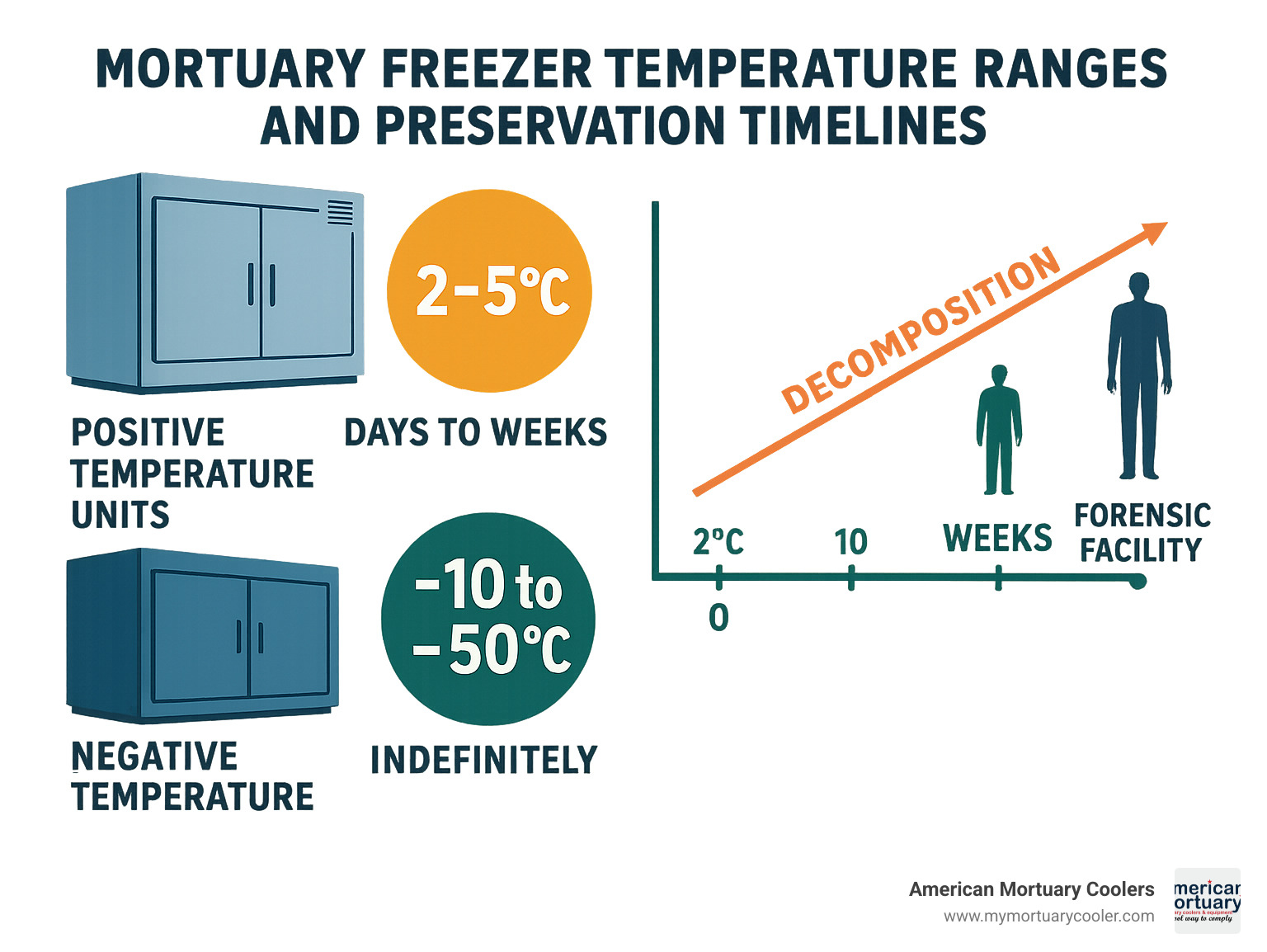 Infographic showing mortuary freezer temperature ranges and preservation timelines: positive temperature units at 2-5°C preserve bodies for days to weeks, negative temperature units at -10 to -50°C preserve indefinitely, with timeline showing decomposition rates at different temperatures and typical storage durations for funeral homes versus forensic facilities - mortuary-freezers- infographic 