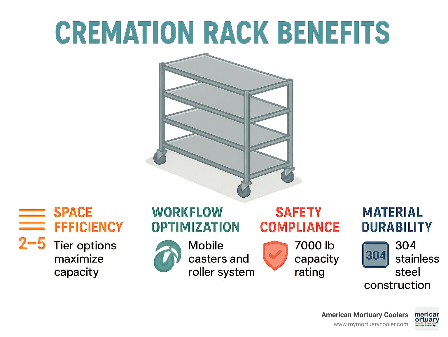 Infographic showing cremation rack benefits including space efficiency with 2-5 tier options, workflow optimization through mobile casters and roller systems, safety compliance with 7000 lb capacity ratings, and material durability using 304 stainless steel construction - cremation rack infographic 