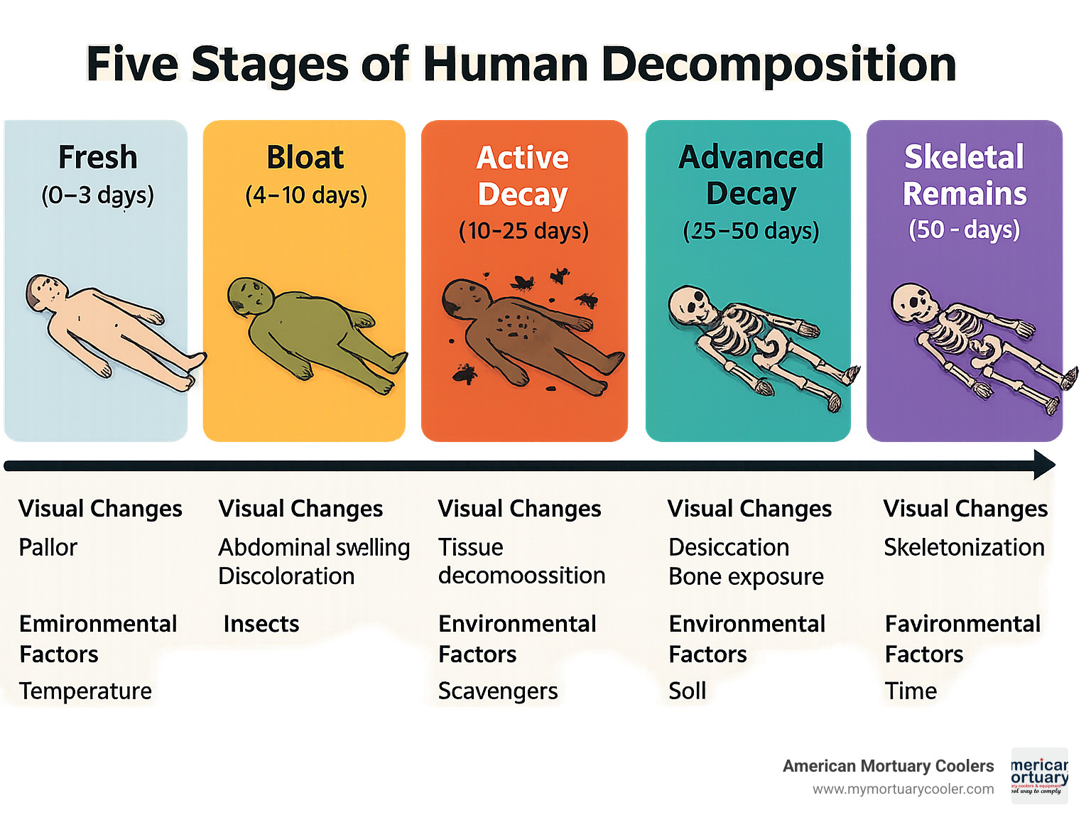Five-stage decomposition chart showing timeline, visual changes, and environmental factors affecting each phase - dead body infographic 