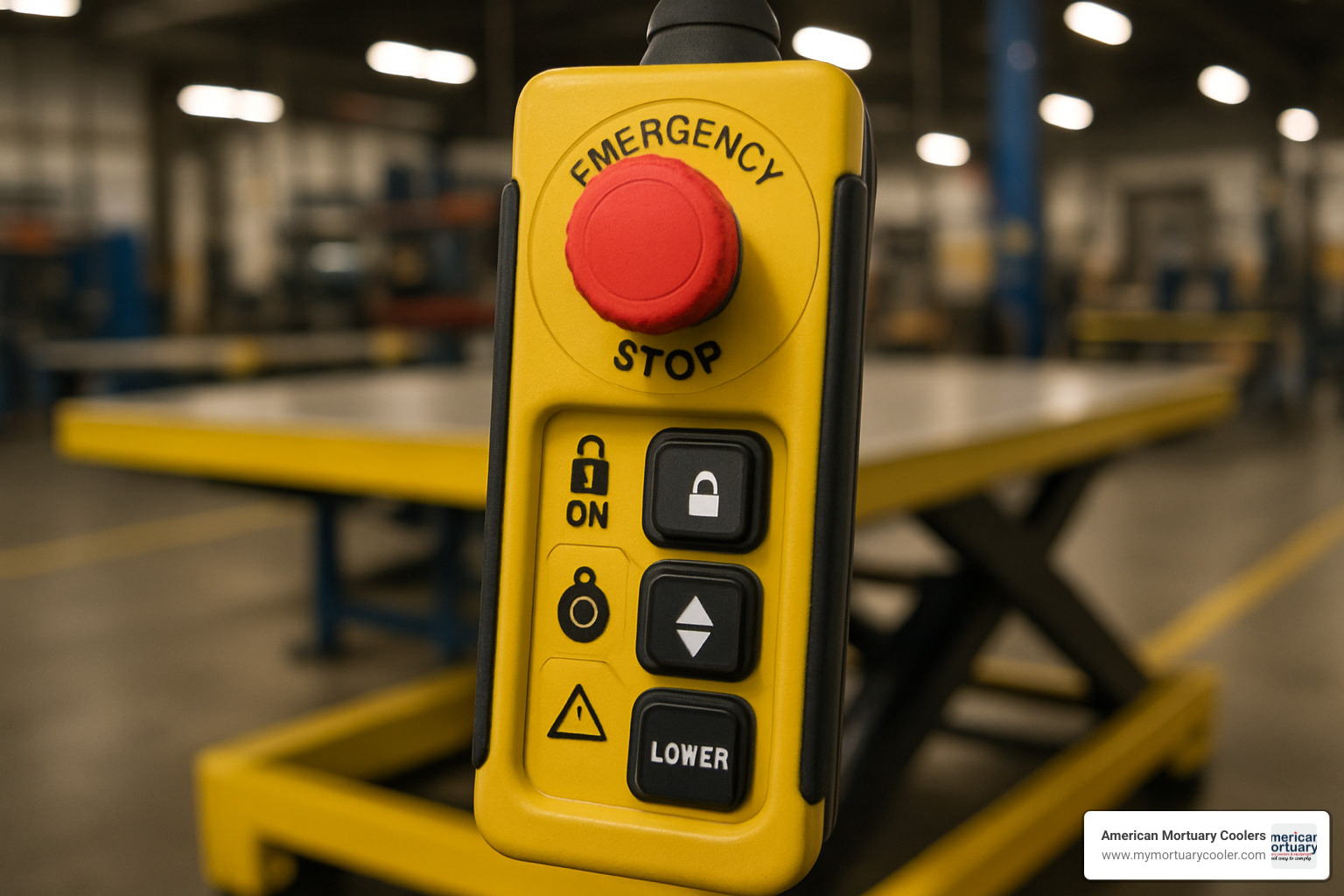 Control pendant showing emergency stop button and safety features - electric lift table
