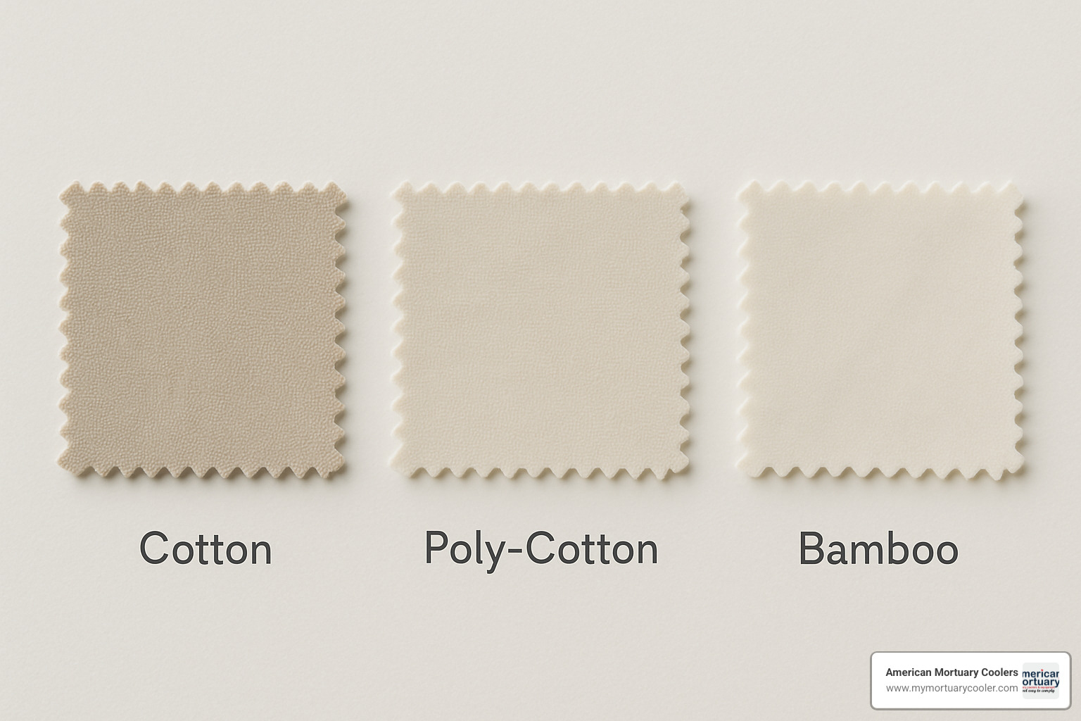 Various fabric swatches showing cotton, poly-cotton, and bamboo materials - cot size fitted sheet