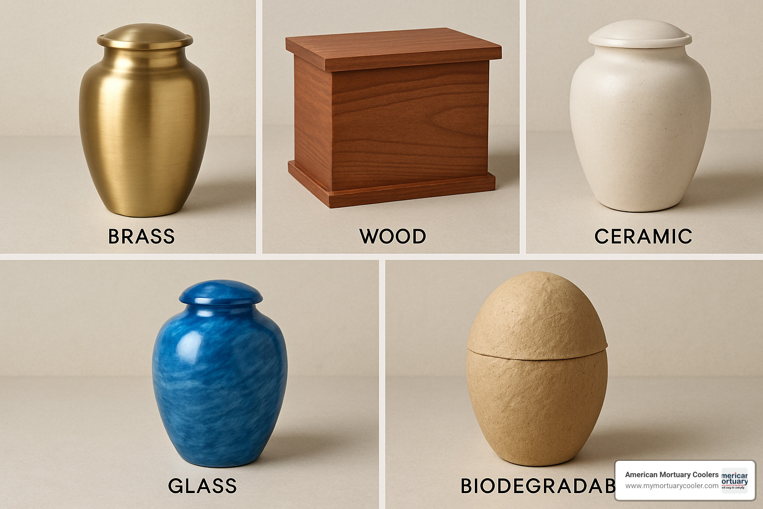 collage showing different urn materials including brass, wood, ceramic, glass, and biodegradable options - urns and keepsakes for ashes collage showing different urn materials including brass, wood, ceramic, glass, and biodegradable options - urns and keepsakes for ashes