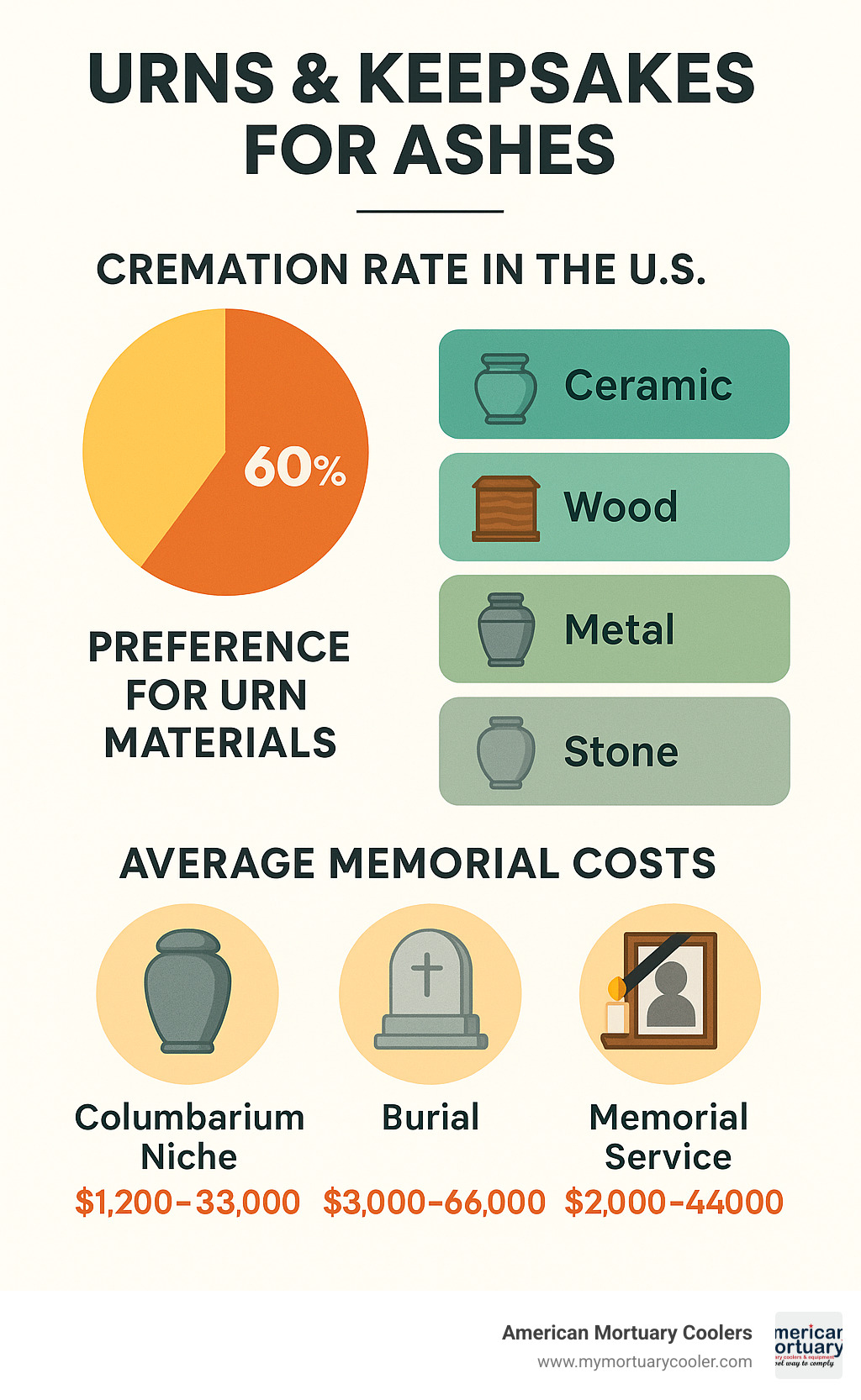 Statistical breakdown showing cremation trends, urn material preferences, and average costs for different memorial options - urns and keepsakes for ashes infographic  Statistical breakdown showing cremation trends, urn material preferences, and average costs for different memorial options - urns and keepsakes for ashes infographic
