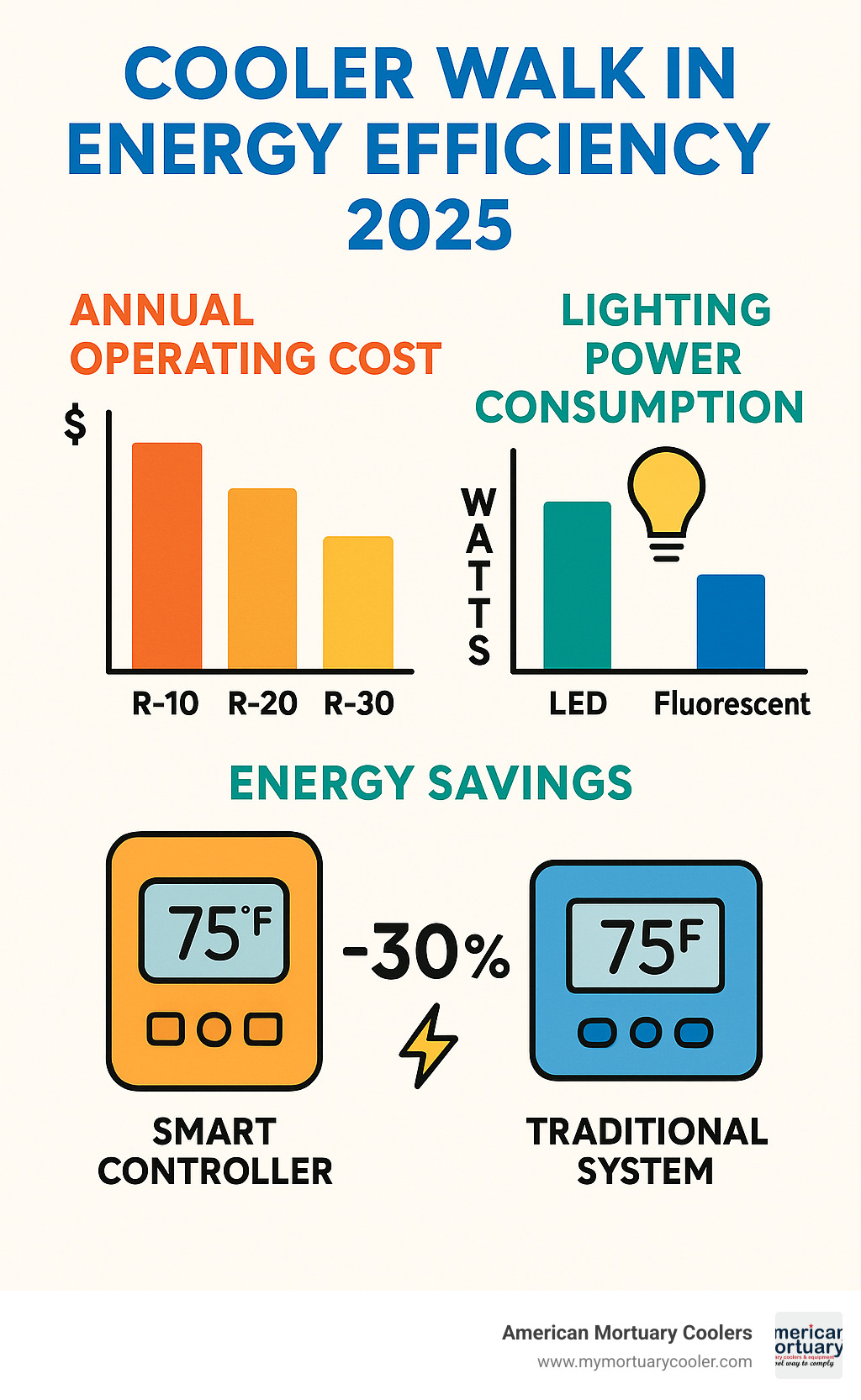 Energy efficiency comparison showing annual operating costs for different insulation R-values, LED vs fluorescent lighting power consumption, and smart controller energy savings over traditional systems - cooler walk in infographic 