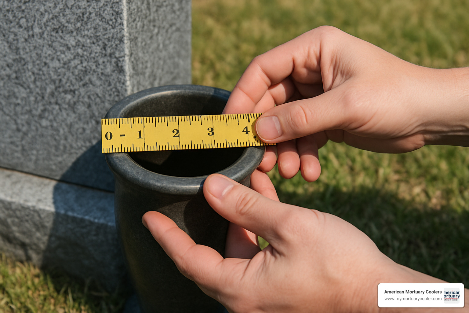 hands measuring a headstone vase opening with a ruler, showing proper measurement technique - headstone vase replacement