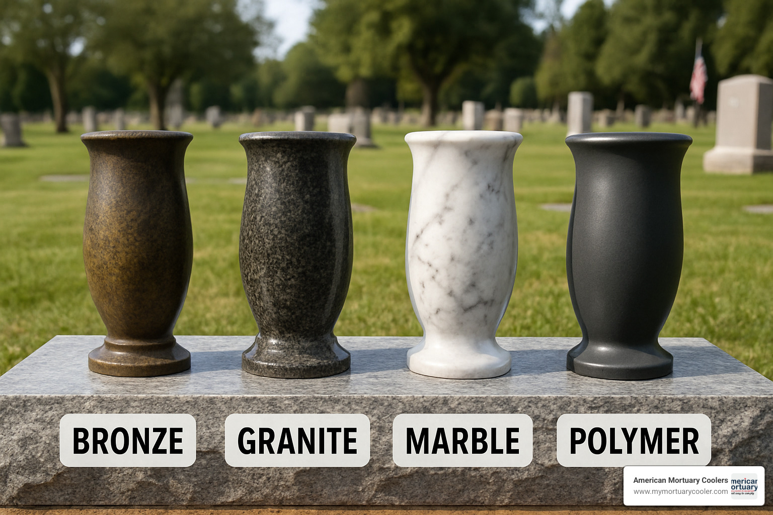 comparison of different headstone vase materials including bronze, granite, marble, and polymer options showing their appearance and durability characteristics - headstone vase replacement