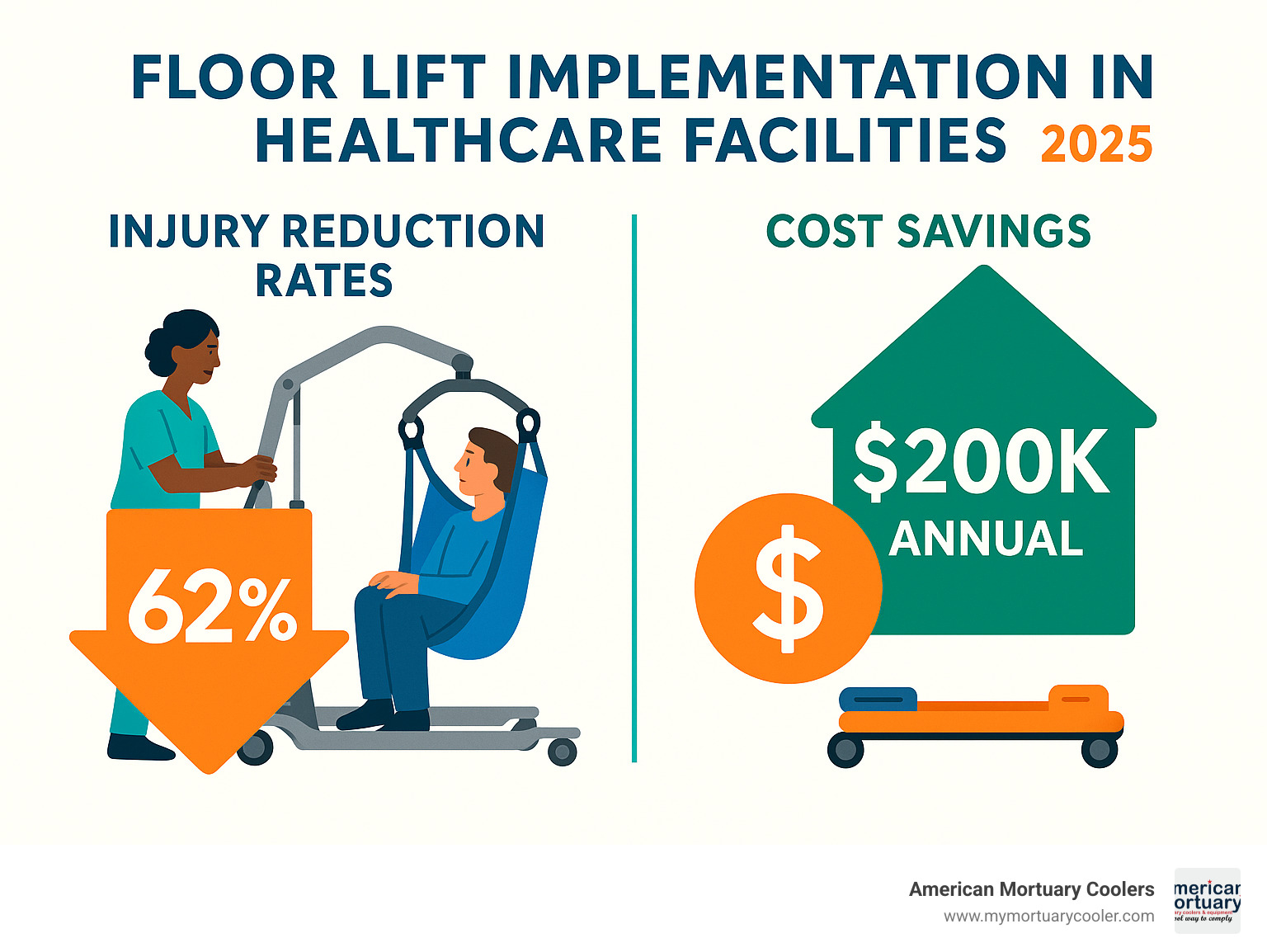 Statistical analysis showing injury reduction rates and cost savings from floor lift implementation in healthcare facilities - floor lift infographic  Statistical analysis showing injury reduction rates and cost savings from floor lift implementation in healthcare facilities - floor lift infographic