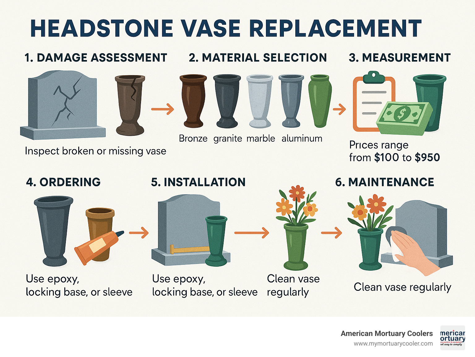 Comprehensive infographic showing the headstone vase replacement process from damage assessment through material selection, measurement, ordering, installation, and maintenance steps with cost ranges and timeline expectations - headstone vase replacement infographic 