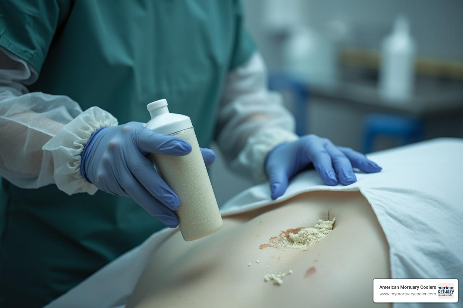 Professional demonstration of Sta-Seal powder being dispensed from bottle onto prepared incision area in mortuary setting - sta-seal