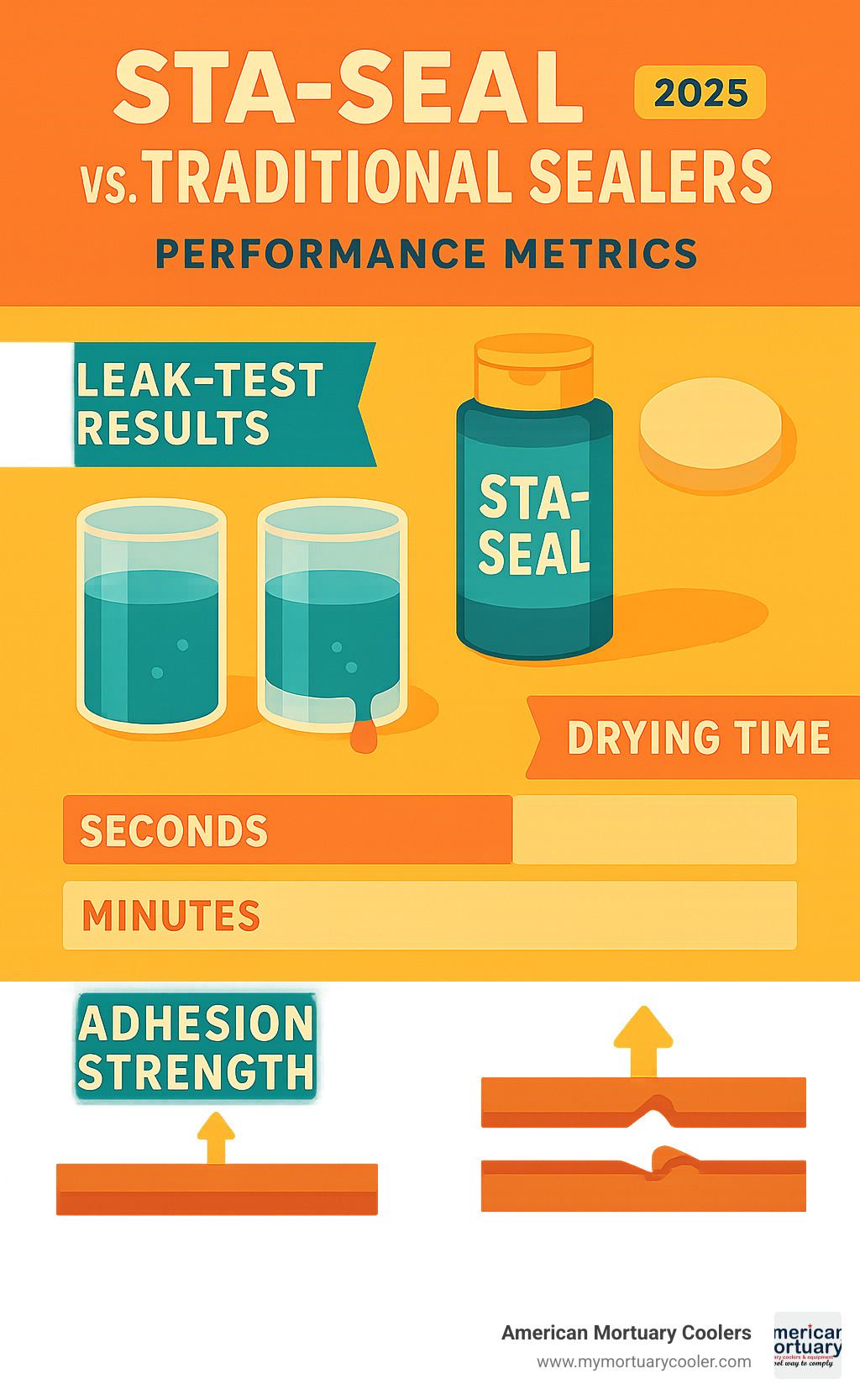 Detailed infographic comparing leak-test results, drying times, and adhesion strength between Sta-Seal and traditional sealing methods, showing superior performance metrics - sta-seal infographic 