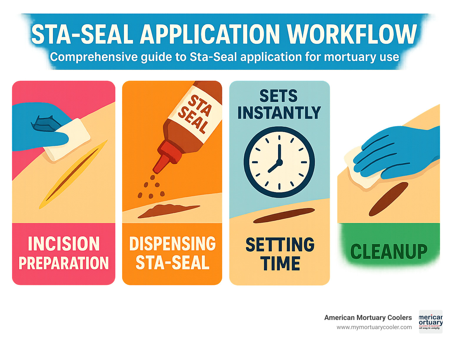 Comprehensive infographic showing Sta-Seal application workflow from incision preparation through final sealing, including proper dispensing technique, setting time, and cleanup procedures for mortuary use - sta-seal infographic 