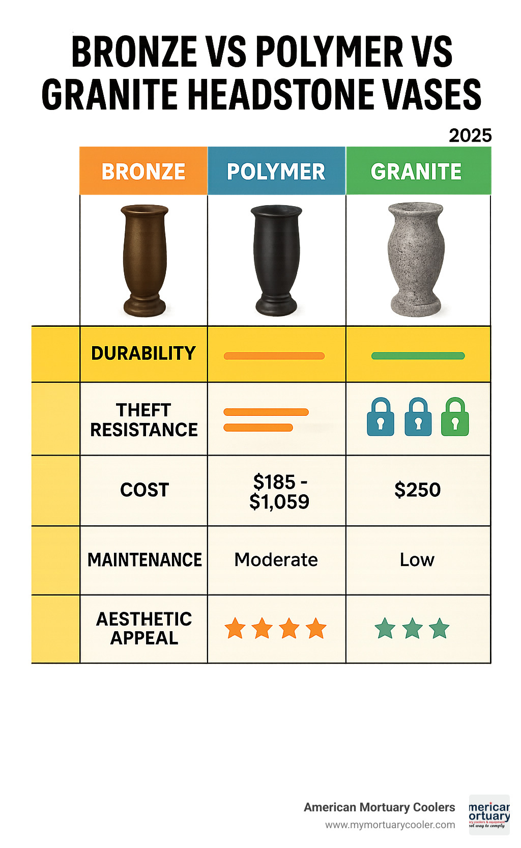 Detailed comparison table showing bronze vs polymer vs granite headstone vases with durability ratings, theft resistance, cost ranges, maintenance requirements, and aesthetic appeal scores - headstone vase replacement infographic 