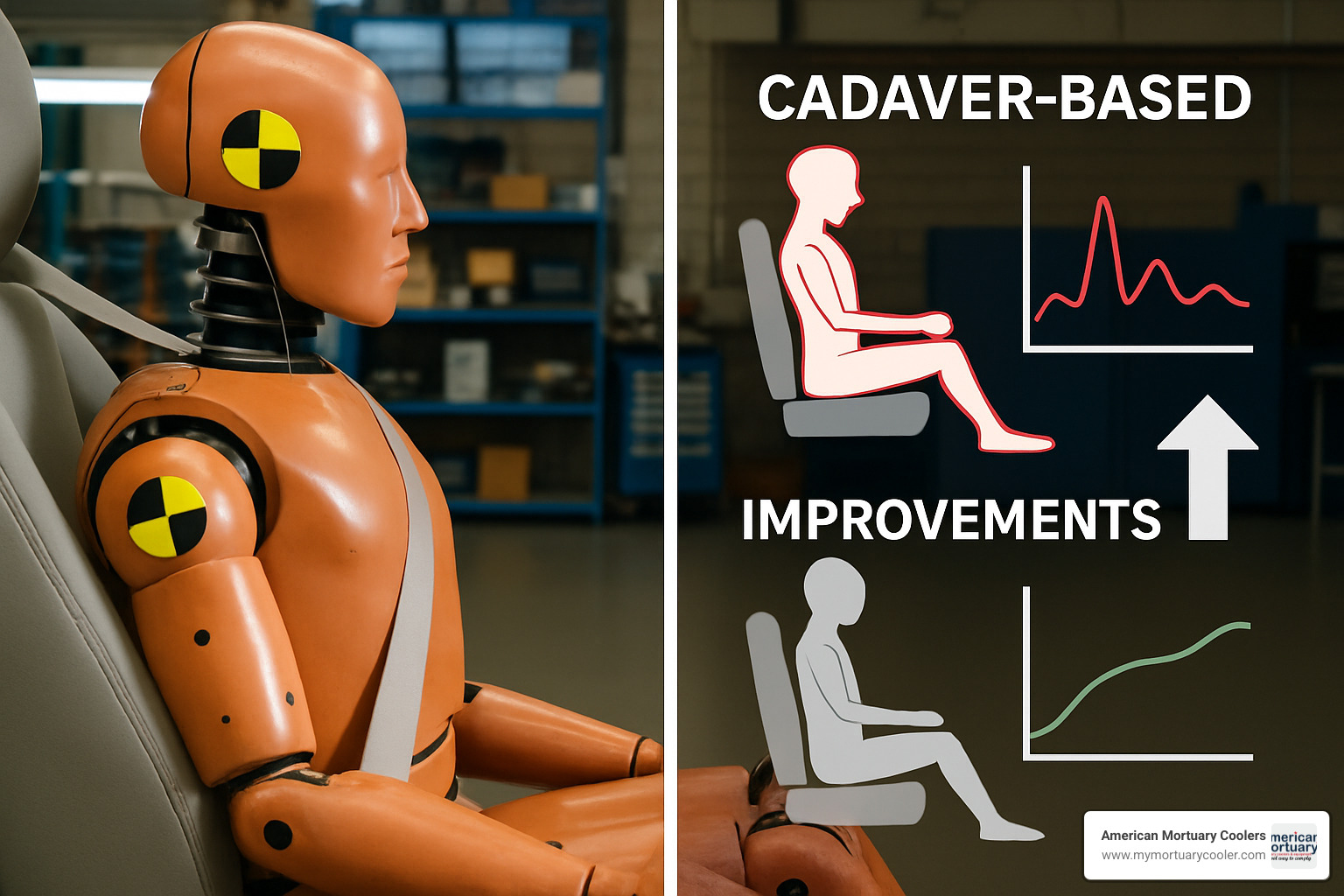 Comparison image showing crash test dummy alongside cadaver research data and automotive safety improvements - cadaver laboratory