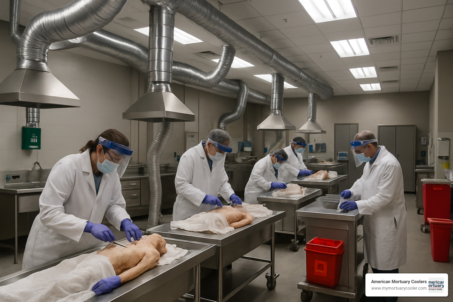 Modern cadaver laboratory showing proper PPE, ventilation systems, and safety equipment in use - cadaver laboratory