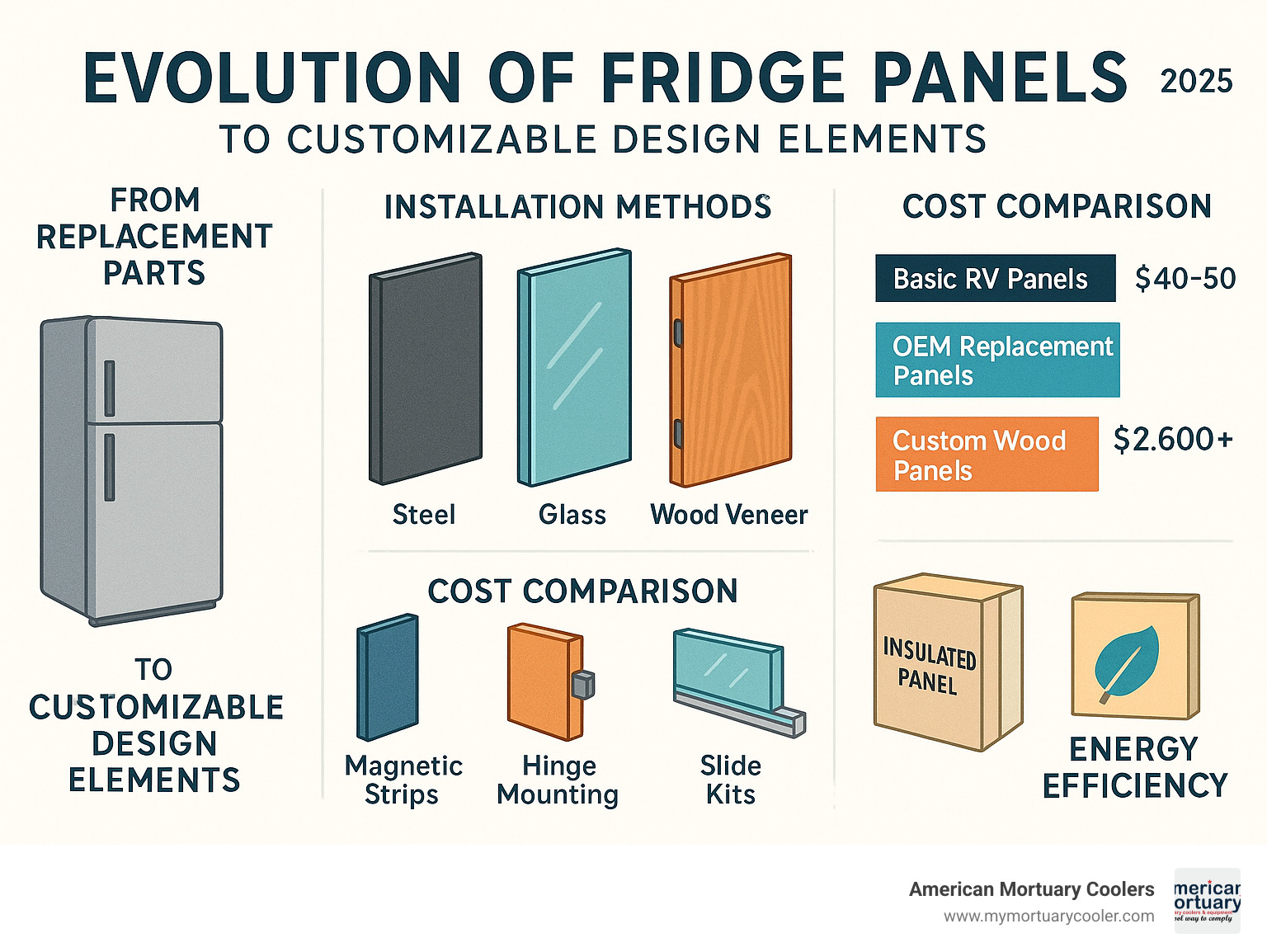 Comprehensive infographic showing the evolution of fridge panels from basic replacement parts to modern customizable design elements, featuring material types (steel, glass, wood veneer), installation methods (magnetic strips, hinge mounting, slide kits), cost comparisons across different panel categories, and energy efficiency benefits of insulated panels - fridge panels infographic 
