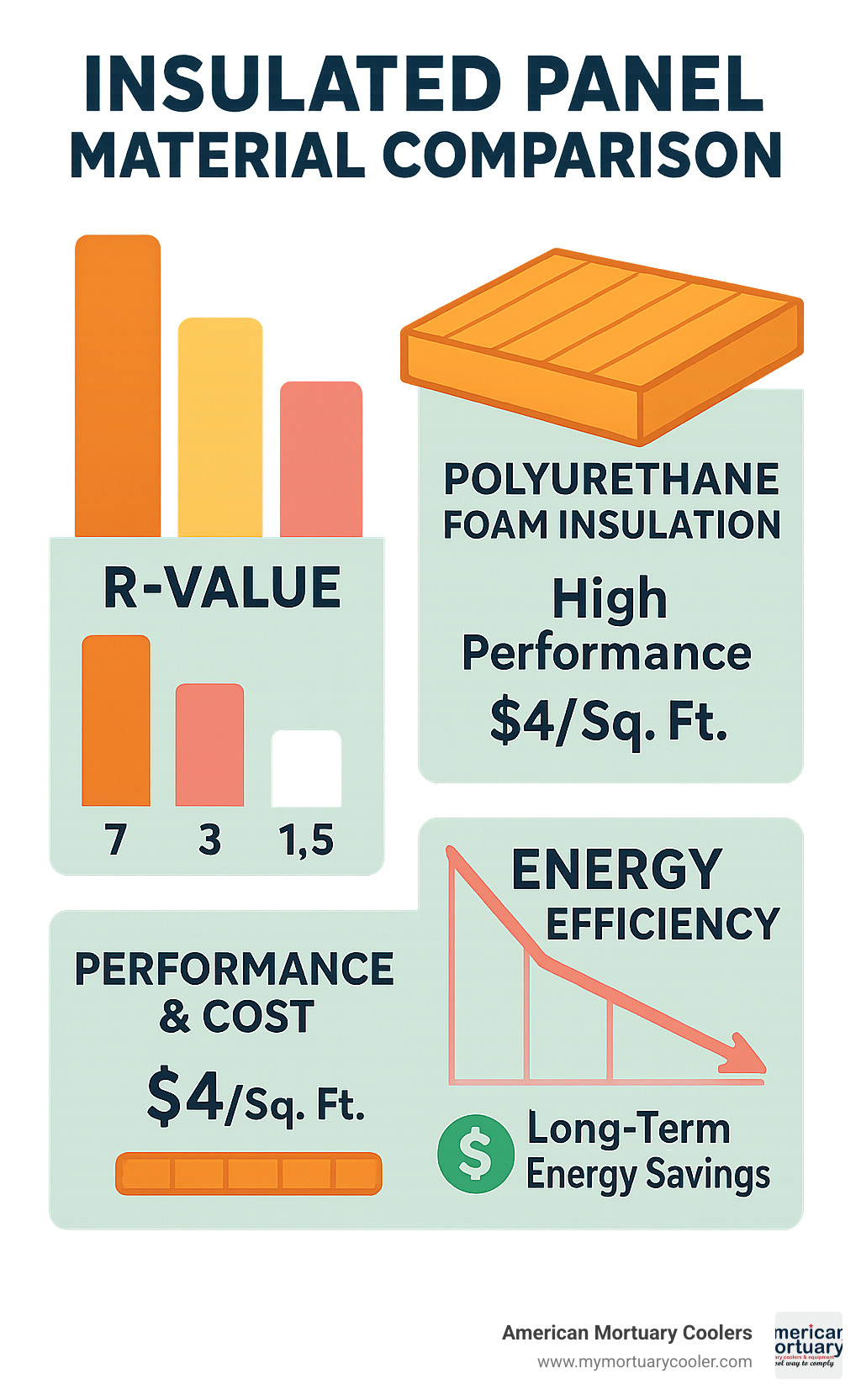 Statistical comparison showing R-values and energy efficiency ratings of different panel materials, including polyurethane foam insulation performance, cost-per-square-foot analysis, and long-term energy savings calculations - fridge panels infographic 
