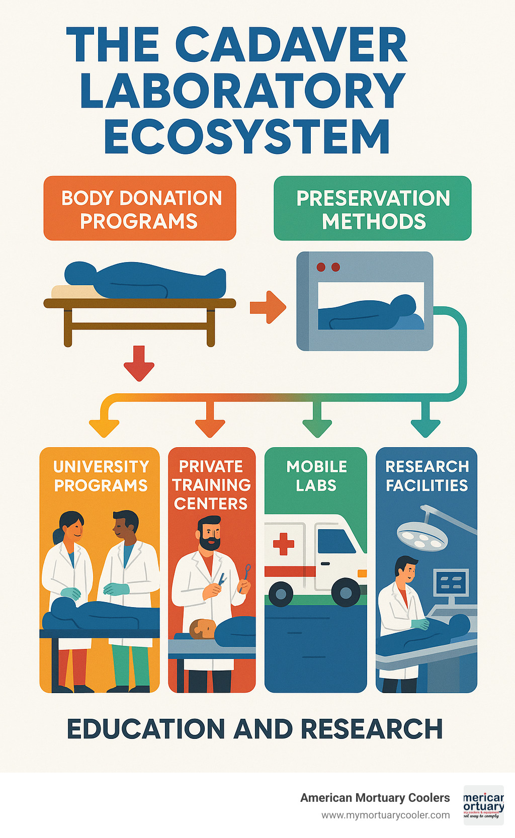 Infographic showing the complete cadaver laboratory ecosystem from body donation programs through preservation methods to various educational and research applications, including university programs, private training centers, mobile labs, and specialized research facilities - cadaver laboratory infographic 