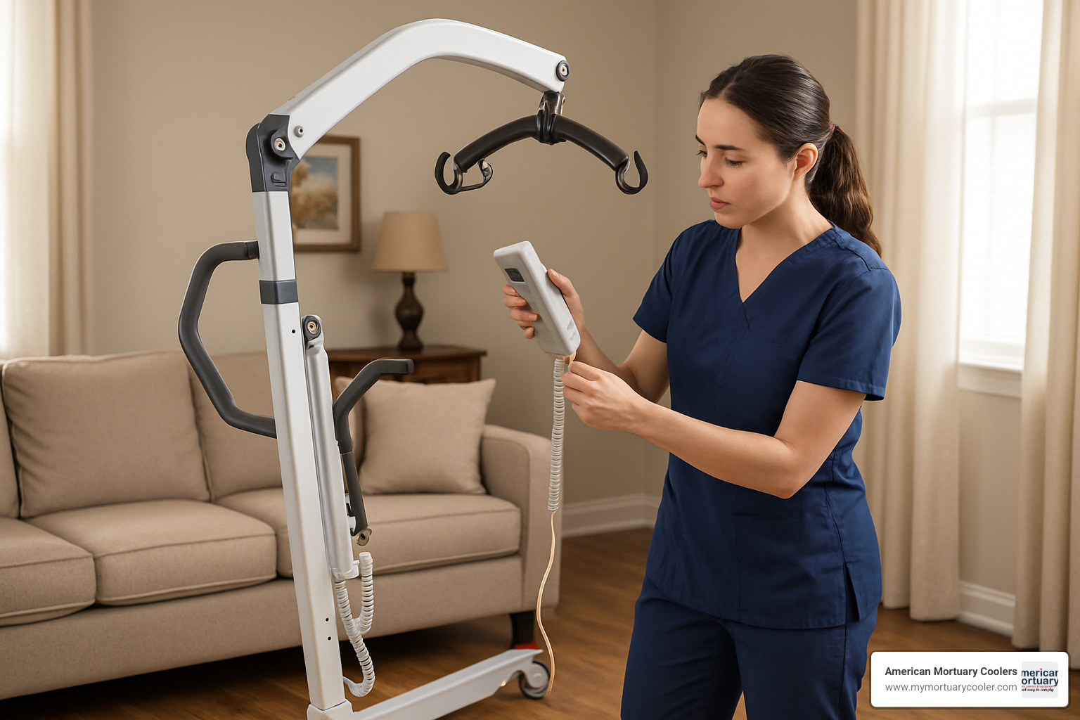Caregiver checking lift battery level and performing routine maintenance inspection - lift for elderly