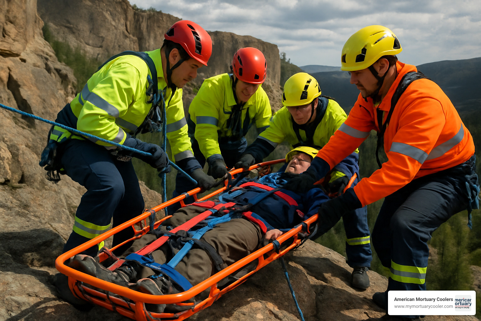 Dramatic rescue scene showing a basket stretcher being used in a cliff rescue operation, demonstrating the specialized design features needed for challenging terrain and emergency situations - medical-stretchers
