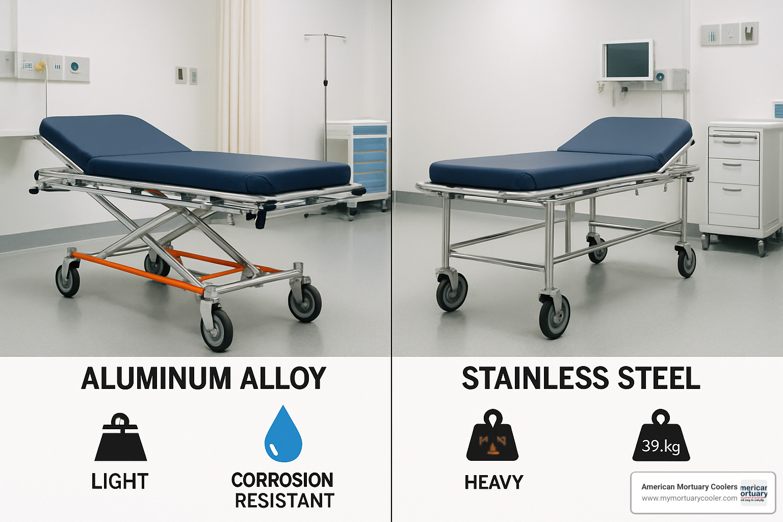 Detailed comparison of stretcher frame materials showing aluminum alloy construction versus stainless steel, highlighting weight differences, corrosion resistance, and load-bearing capabilities - medical-stretchers