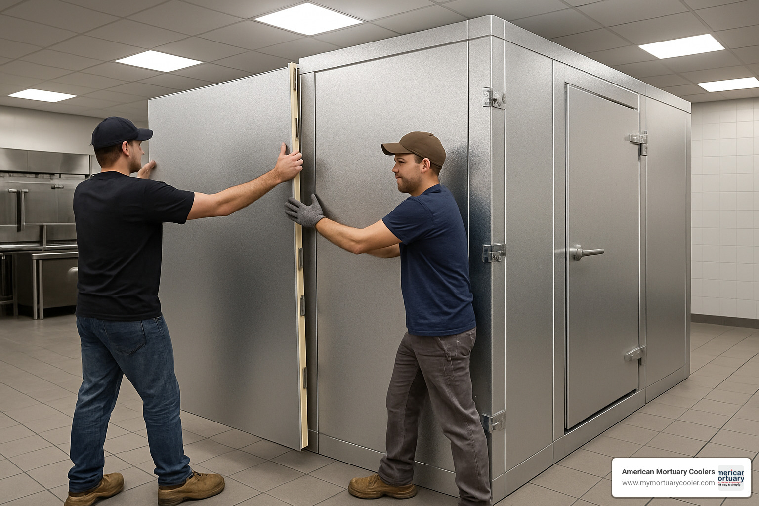 Modern walk-in cooler installation showing interlocking panels - cooler wall panels
