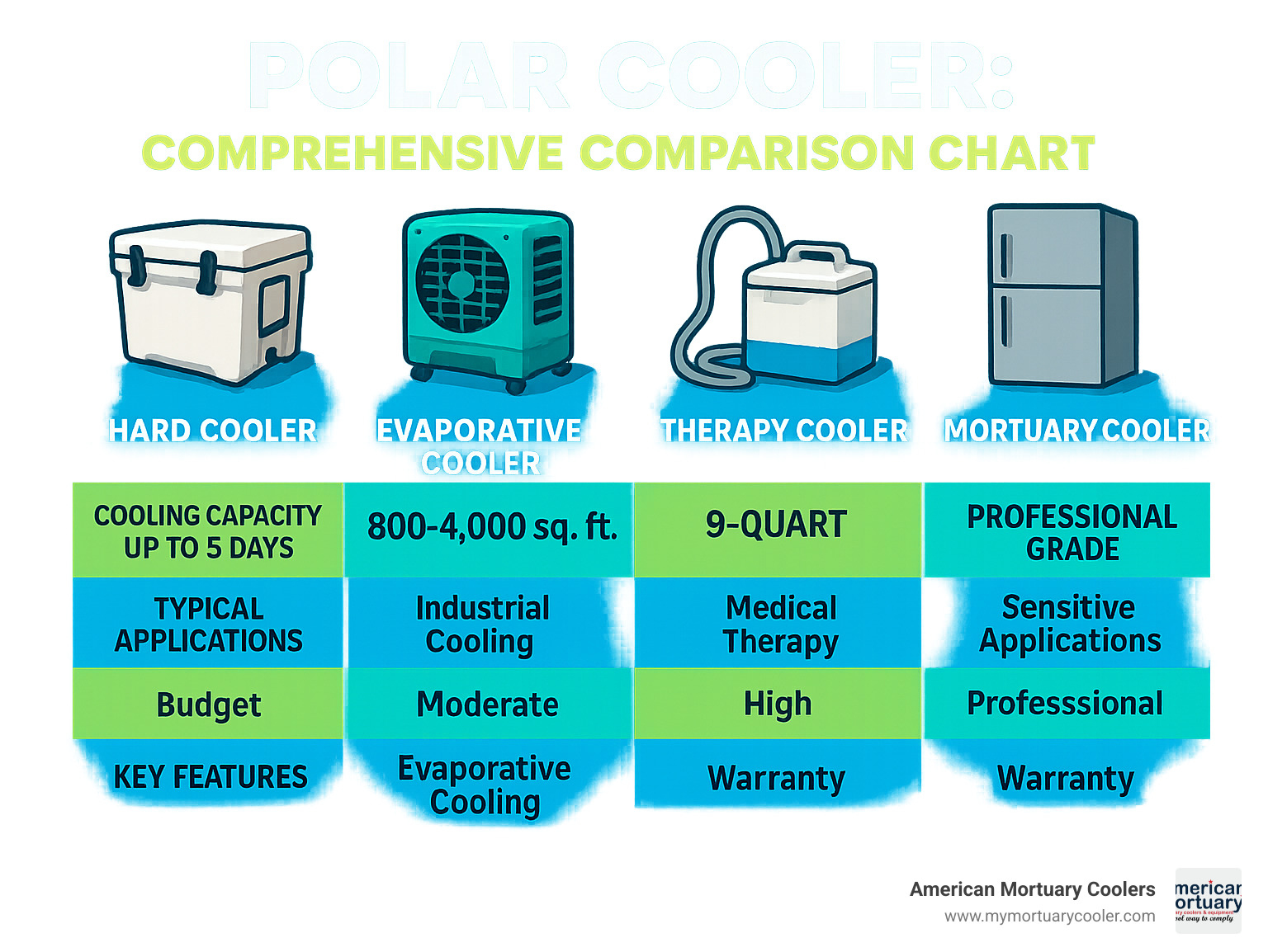 Comprehensive comparison chart showing different polar cooler types, their cooling capacities, typical applications from outdoor recreation to medical therapy, price ranges from budget to professional grade, and key features like ice retention periods and warranty coverage - polar cooler infographic 