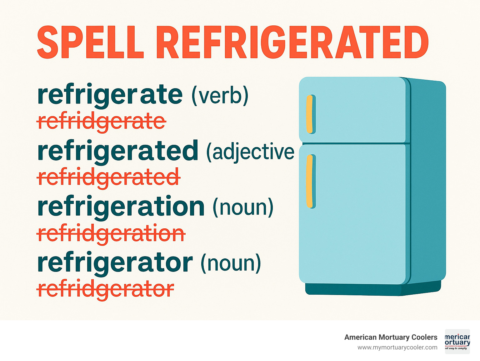 Infographic showing the word family: refrigerate (verb), refrigerated (adjective), refrigeration (noun), refrigerator (noun), with common misspellings crossed out and correct spellings highlighted - spell refrigerated infographic 