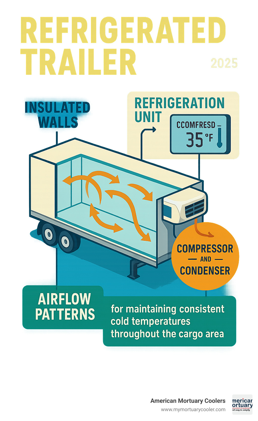Infographic showing refrigerated trailer components including insulated walls, refrigeration unit with compressor and condenser, temperature control system, and airflow patterns for maintaining consistent cold temperatures throughout the cargo area - refrigerated trailer infographic 