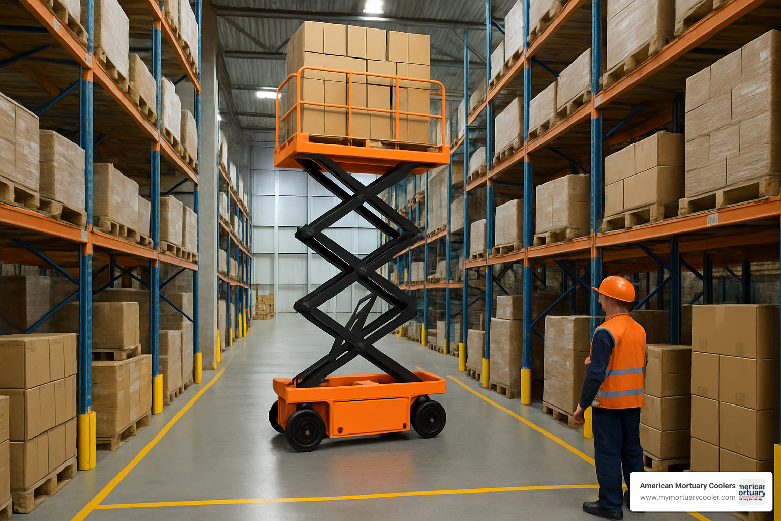 scissor lift handling pallets in warehouse - hydraulic lifts