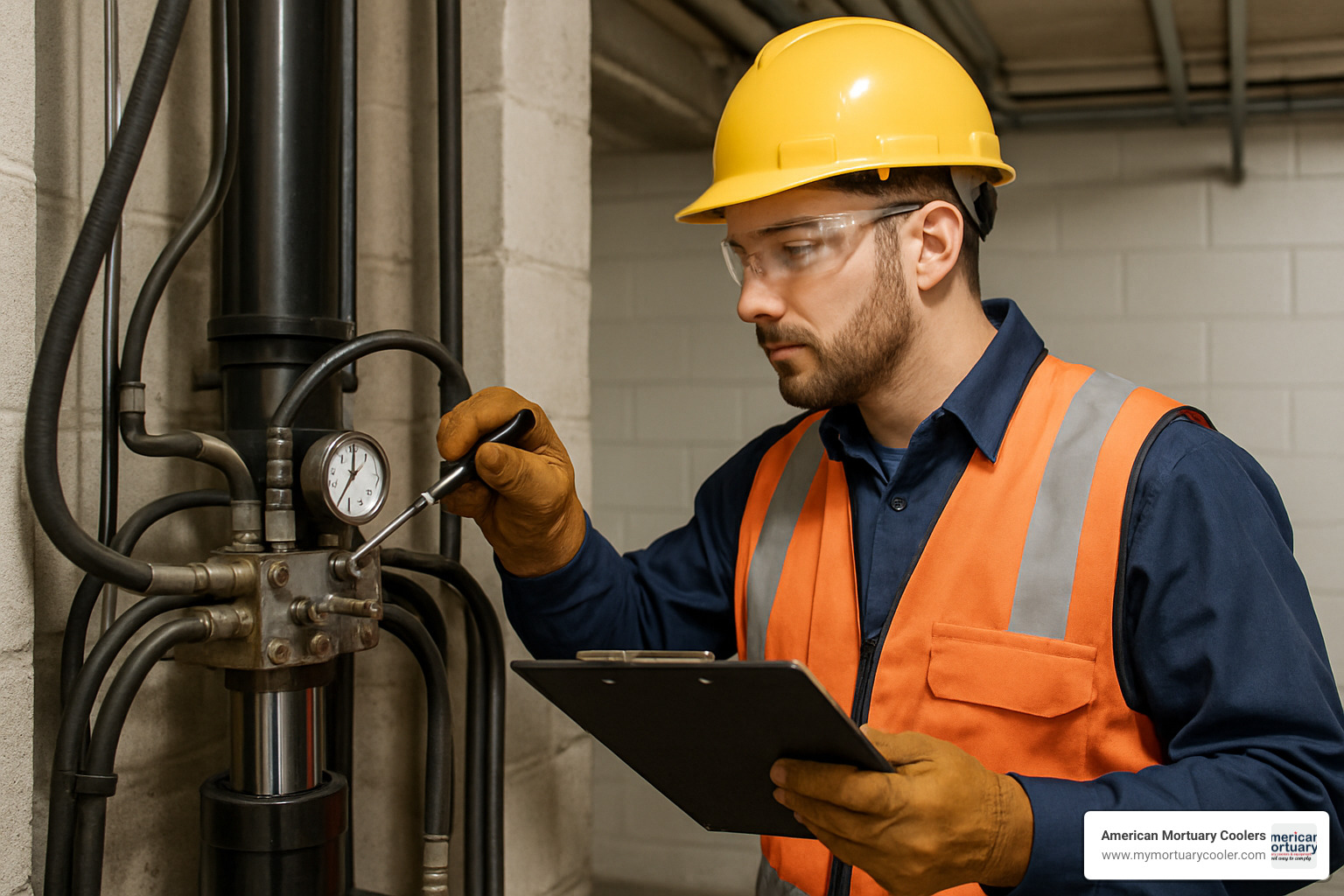technician performing safety inspection of hydraulic lift system - hydraulic lifts