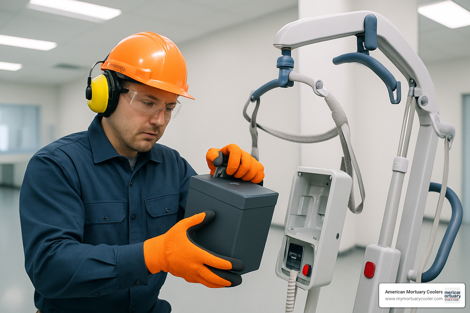 technician swapping battery pack - battery powered lifts