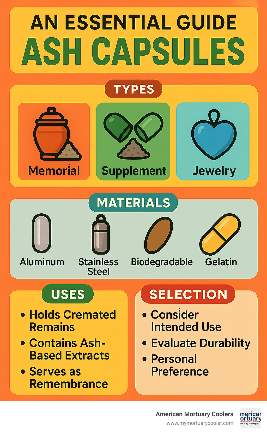 Comprehensive ash capsule guide showing types, materials, uses, and selection criteria for memorial, supplement, and jewelry applications - ash capsule infographic 