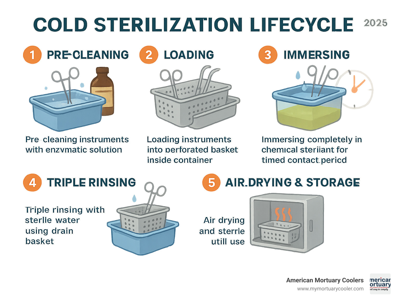 Detailed infographic showing the 5-step cold sterilization lifecycle: 1) Pre-cleaning instruments with enzymatic solution, 2) Loading instruments into perforated basket inside container, 3) Immersing completely in chemical sterilant for timed contact period, 4) Triple rinsing with sterile water using drain basket, 5) Air drying and sterile storage until use - cold sterilization containers infographic 