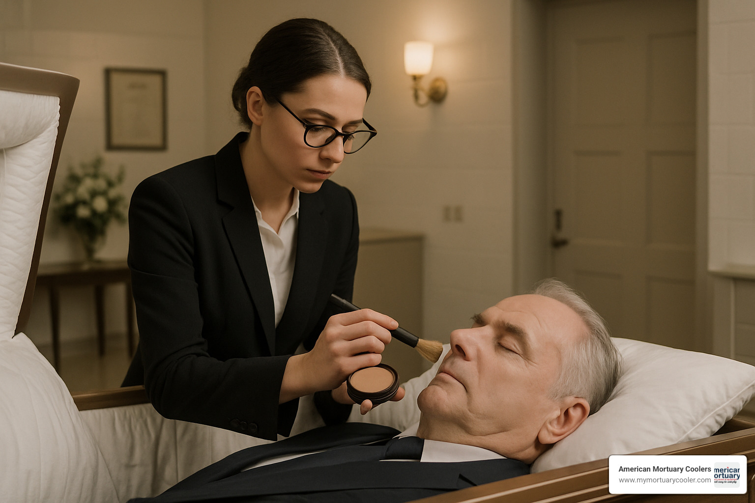 Professional makeup artist working respectfully in a funeral home preparation room - makeup artist for funerals