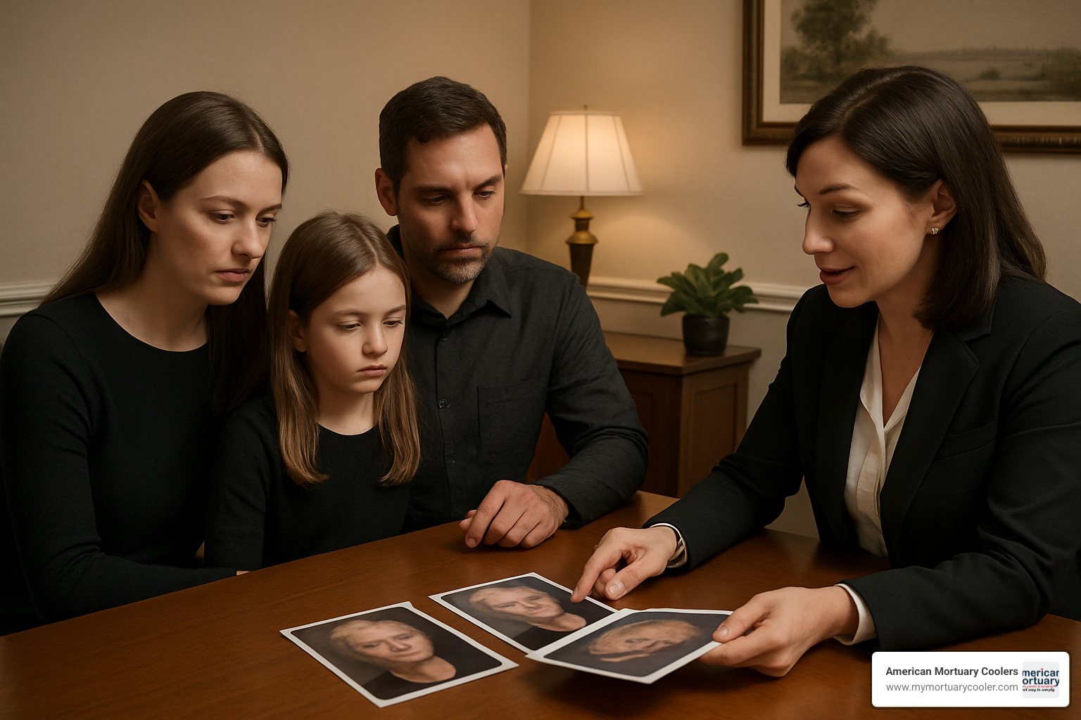 Family consulting with funeral professional using photo references to plan makeup and styling - makeup artist for funerals