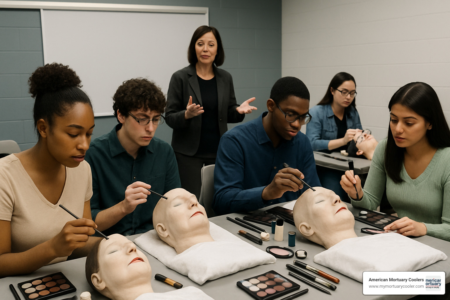 Students learning mortuary cosmetology techniques in a professional training classroom - makeup artist for funerals