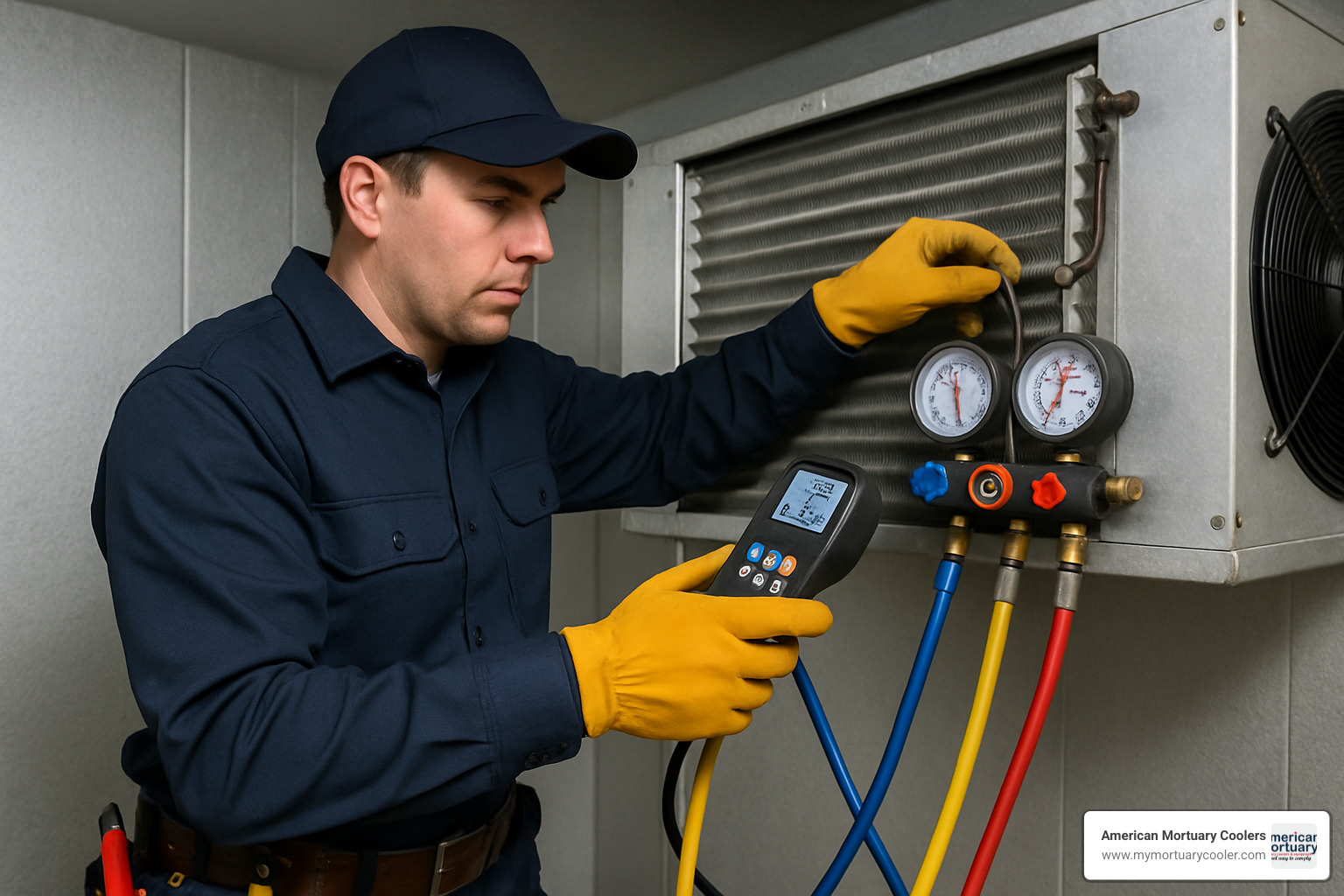 technician testing evaporator coils with diagnostic equipment - commercial freezer repair